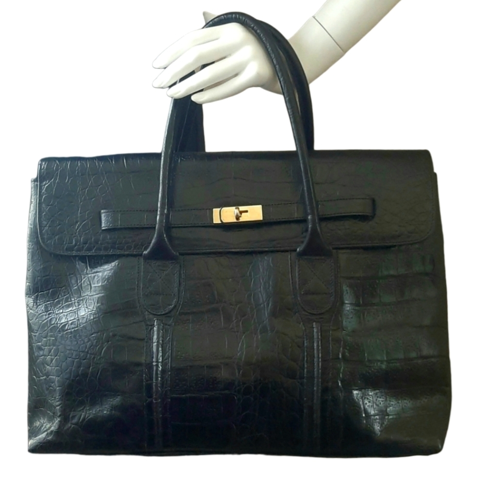 BOL-PERDIX Croc Embossed Leather Flap Front Large Satchel Black